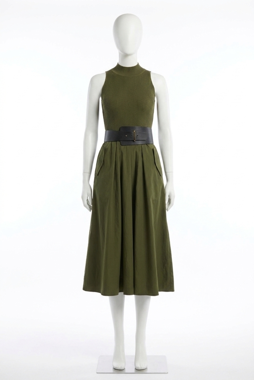 NEW ELAN sleeveless mock neck midi dress in olive